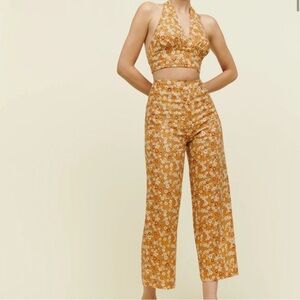 Reformation Floral Halter Cropped Two-Piece Set Size Small in Orange